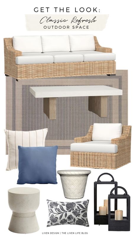 Outdoor patio. Patio decor. Outdoor wicker sofa. Patio sofa. Patio loveseat. Patio furniture. Patio sofa with cushions. Outdoor coffee table. Outdoor rug. Patio lounge chairs. Woven wicker Patio chairs. Outdoor pillows. Traditional patio. Outdoor planters. Outdoor accent side table. Outdoor lanterns. 

#LTKSeasonal #LTKHome #LTKStyleTip