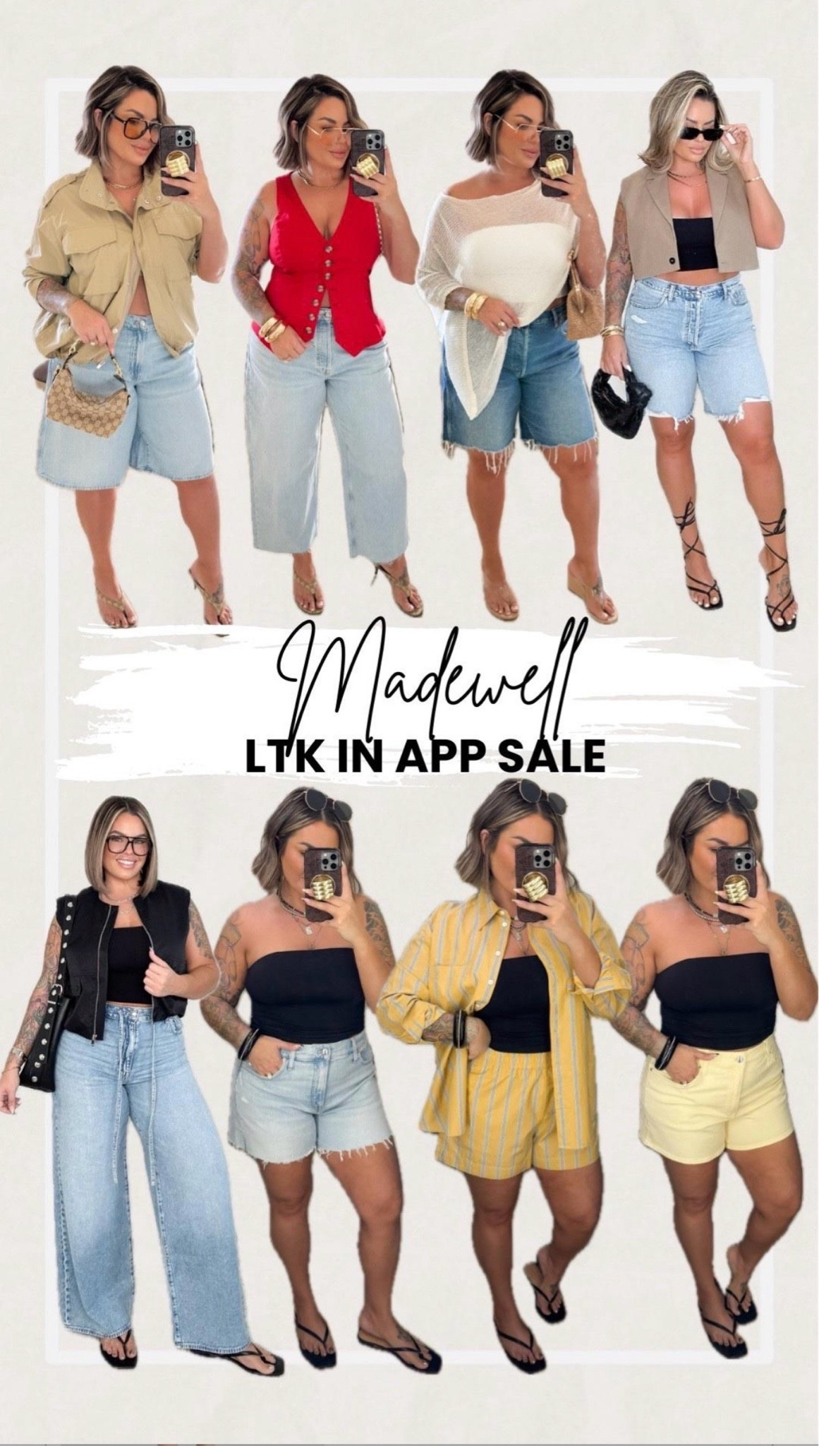 Madewell in app sale starts today ! 
Here is a round up on my favs 
Top row left to right size info. 
Baggy Jorts 31 
Jacket L 
Cropped Jeans sized up to 32 for baggy fit
Red vest L 
Darker jorts 32 also sized up for baggy fit ( fit tts don’t have to size up unless you want a bigger fit )
Distressed jorts 31 fit tts
Blazer vest xl
Drawstring jeans size 30 sized down in those. 
Black vest sized way down to a small it runs huge. 
Shorter denim shorts 31 
Yellow stripe shorts L, Yellow top xl 
Yellow Jean shorts 32 but could have done 31 they are stretchy. 
Black and white tube tops L