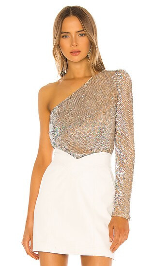 Kasia Embellished Bodysuit in Iridescent Nude Gold Sequin Top Silver Sequin Top Sequin Bodysuit | Revolve Clothing (Global)