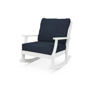 Braxton White Plastic Patio Deep Seating Outdoor Rocking Chair with Dark Blue Cushions | The Home Depot