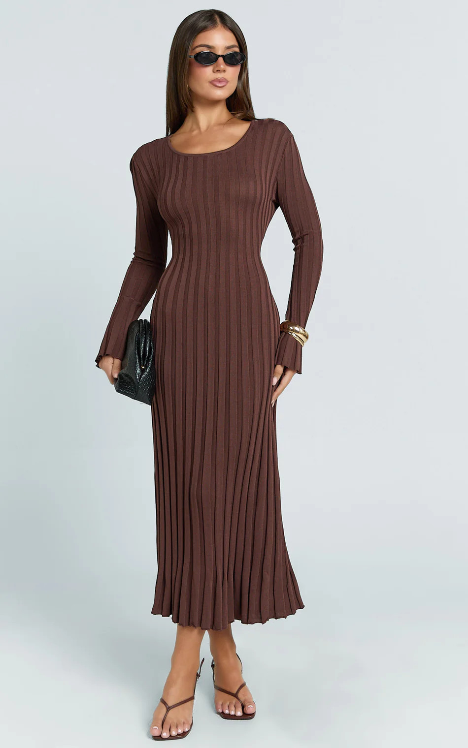 Blaire Midi Dress - Long Sleeve Tie Back Flare Dress in Dark Chocolate | Showpo (US, UK & Europe)
