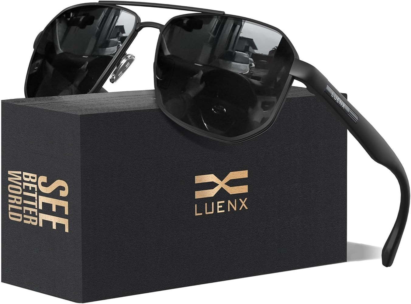 LUENX Aviator Sunglasses for Men Square Polarized Polygon Lens - UV 400 Protection with Accessori... | Amazon (US)