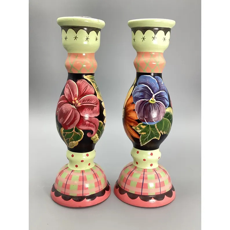 VNTG Wood Candle Holders Pillar Handpainted Tracy Porter Stonehouse Farm Set Of Two 1997 | Etsy (US)