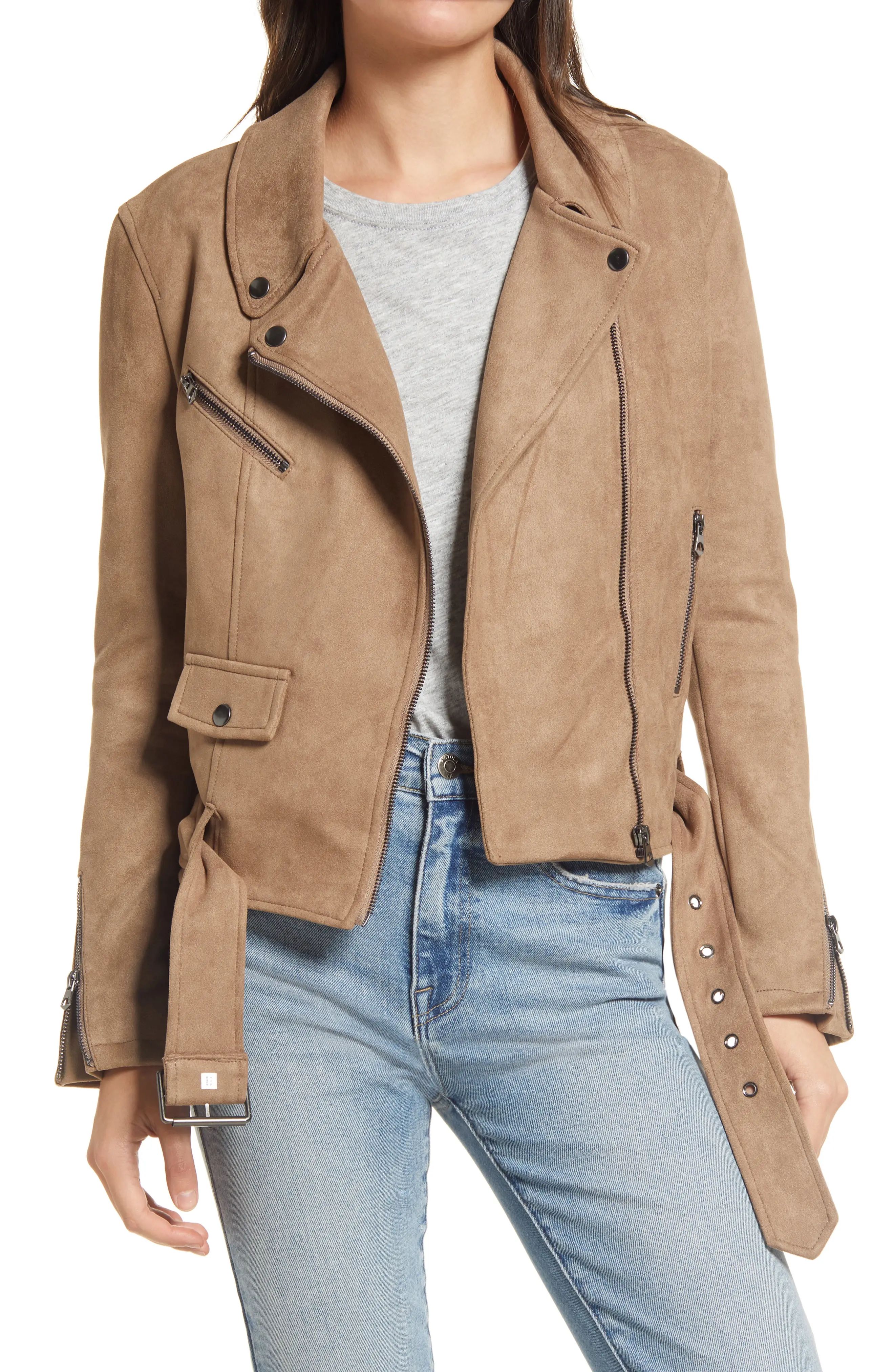 French Connection Water Resistant Suedette Moto Jacket, Size 12 in Mocha Mousse at Nordstrom | Nordstrom