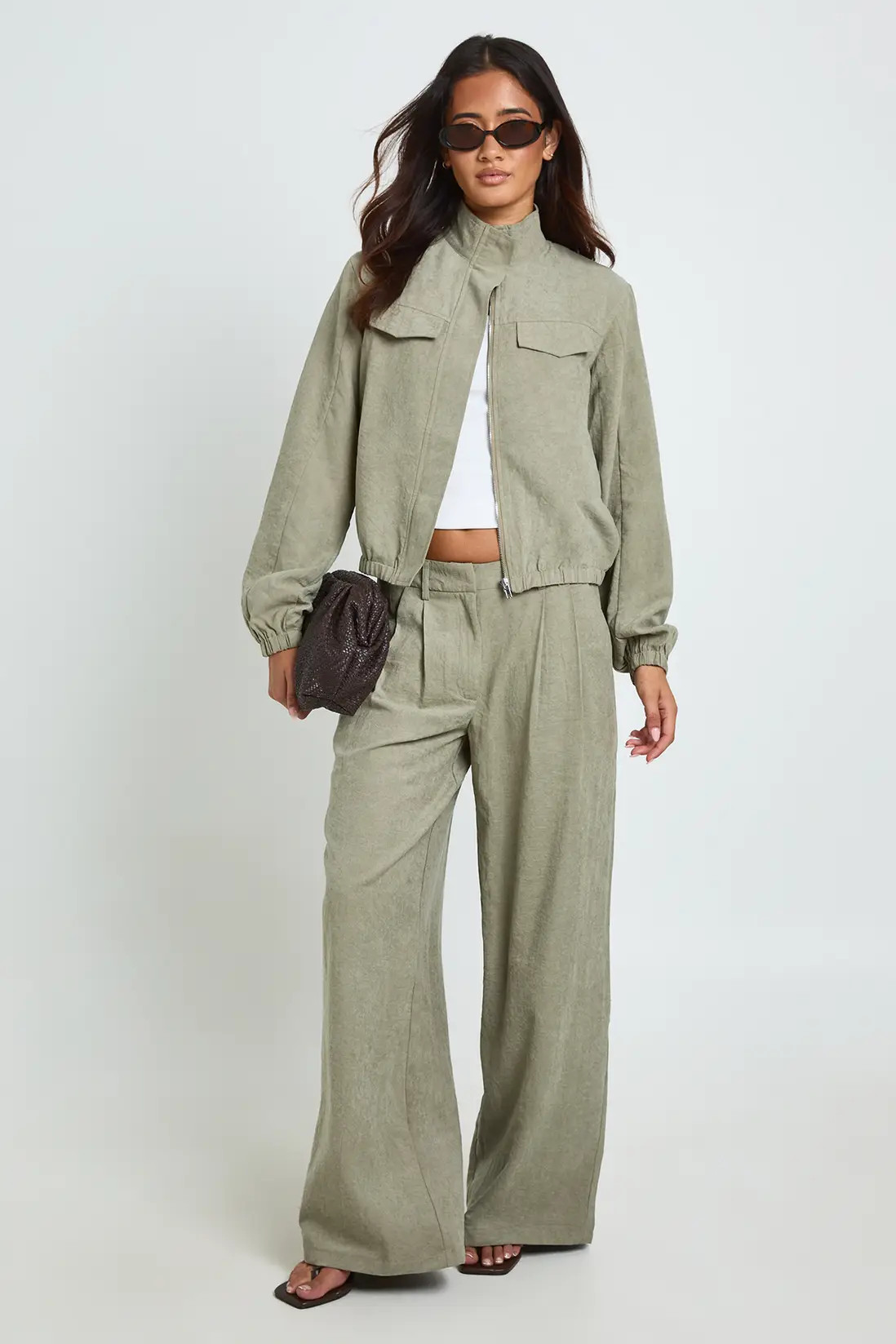 Khaki Peached Funnel Neck Tracksuit Top | Boohoo | Boohoo.com (UK & IE)