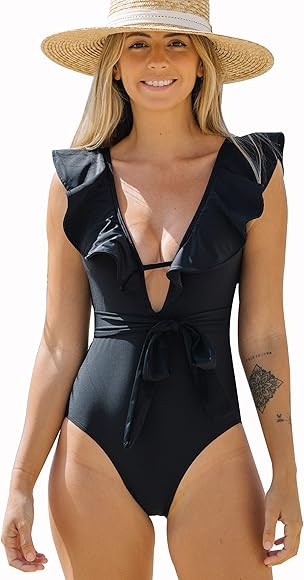 SPORLIKE Women One Piece Swimsuit V-Neck Ruffle Bathing Suit Padded Monokini | Amazon (US)