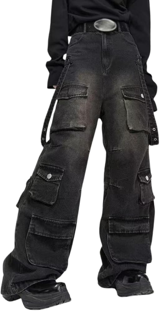 POHADON Baggy Cargo Pants for Women Loose Fit Straight Wide Leg Denim Jeans Pants Y2k Emo Clothes... | Amazon (US)