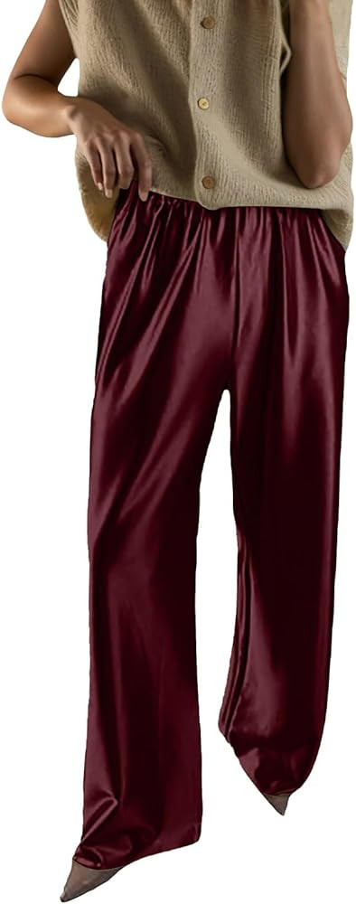 Womens Wide Leg Pajama Pants Satin Silk Casual Loose Elastic Waist Lounge Pants Pj Bottoms | Amazon (US)
