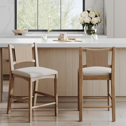 Nathan James Elodia Boho Counter Height Bar Stool with Back, Woven Seagrass Backrest and Solid Wood Frame, Light Brown Set of 2 | Amazon (US)