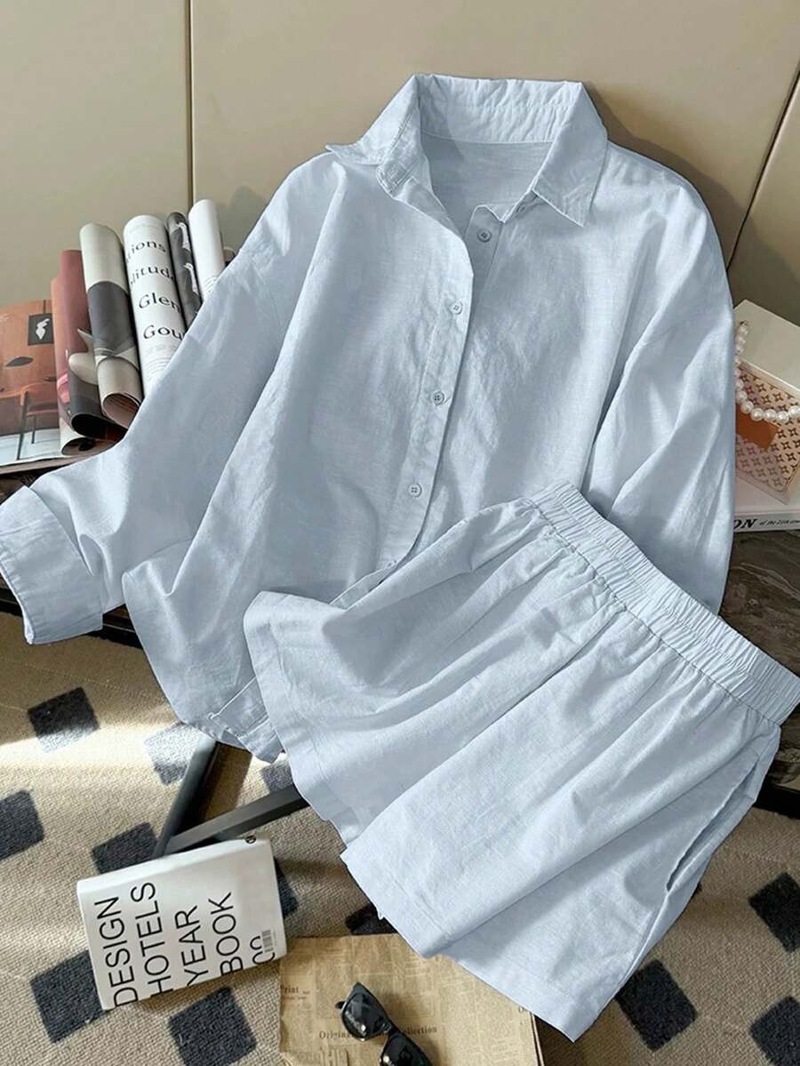 Resyla New Arrival Minimalist Fashion Linen Casual Loose Long Sleeve Shorts 2 Pieces Set For Wome... | SHEIN