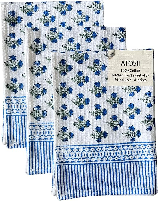 ATOSII 100% Cotton Hand Block Print Waffle Kitchen Towel, Set of 3, 18 x 26 Inches Ultra Absorben... | Amazon (US)