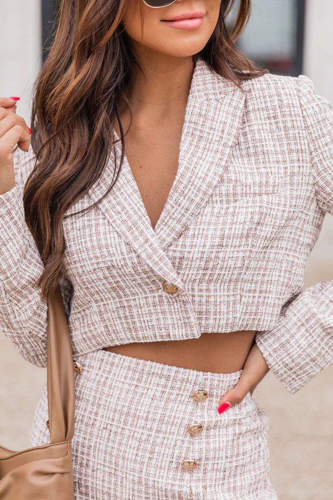 Leave Together Brown/Ivory Plaid Cropped Blazer FINAL SALE | The Pink Lily Boutique