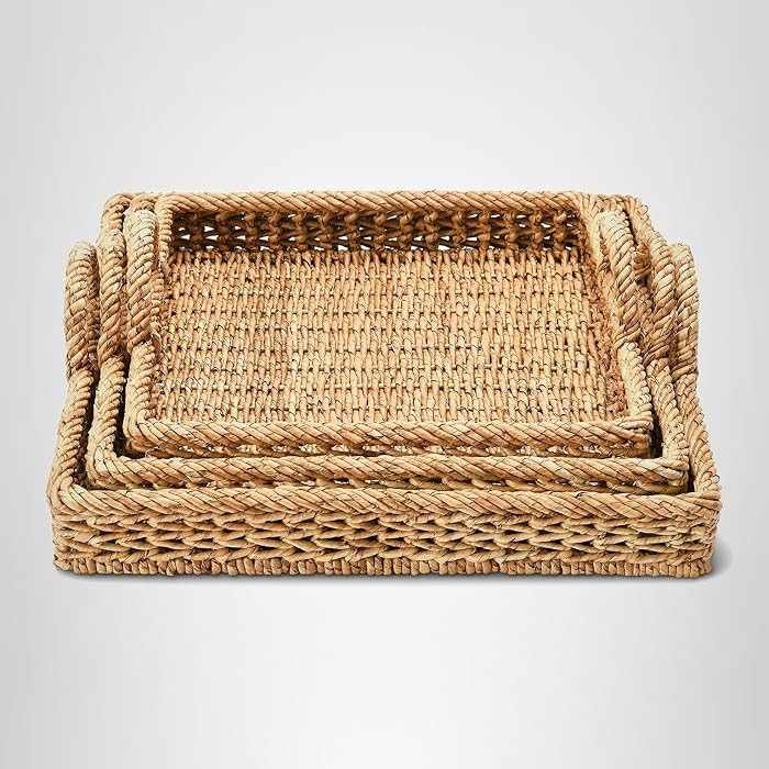 Creative Co-Op Set of 3 Decorative Water Hyacinth & Rattan Trays with Handles, Natural (16", 18" ... | Amazon (US)