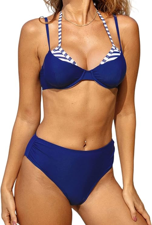 CUPSHE Women Swimsuit Bikini Set Two Piece Halter Push Up Ruched Bathing Suit with Underwire | Amazon (US)