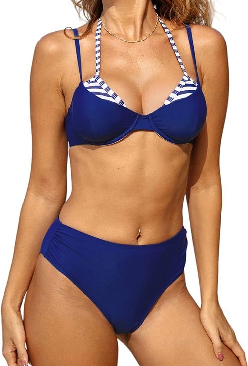 CUPSHE Women Swimsuit Bikini Set Two Piece Halter Push Up Ruched Bathing Suit with Underwire | Amazon (US)