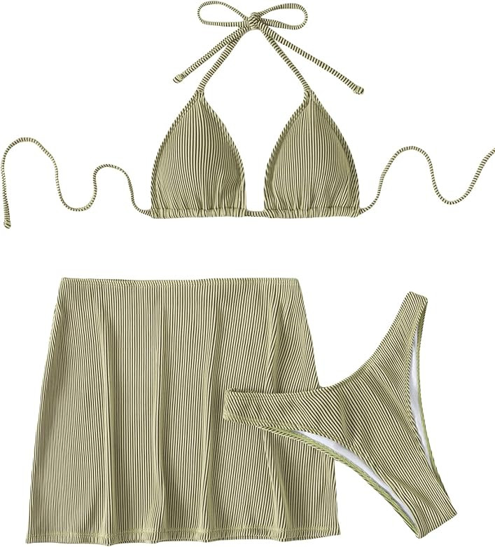 SheIn Women's 3 Pieces Rib Halter Tied Knot Triangle Bikini and Skirt Swimsuit Sets | Amazon (US)