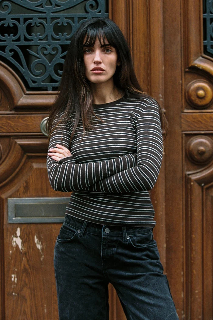 Goldie Long Sleeve Lina  Vintage Stripe Top Crew Neck Tee -Coffee | Shop.app