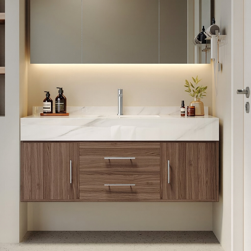 39"" Floating Bathroom Vanity Set Wall Mounted Stone Top Bathroom Cabinet Walnut with Sink | Homary