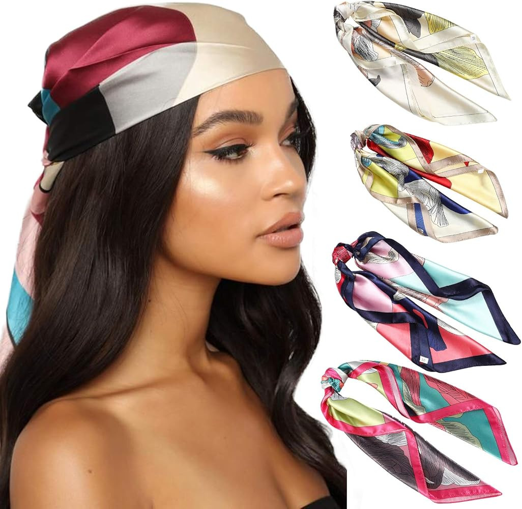 HAIMEIKANG Silk Square Scarves for Women - 4 PCs Women Satin Silk Head Scarf Scarves Set Bandanas... | Amazon (US)