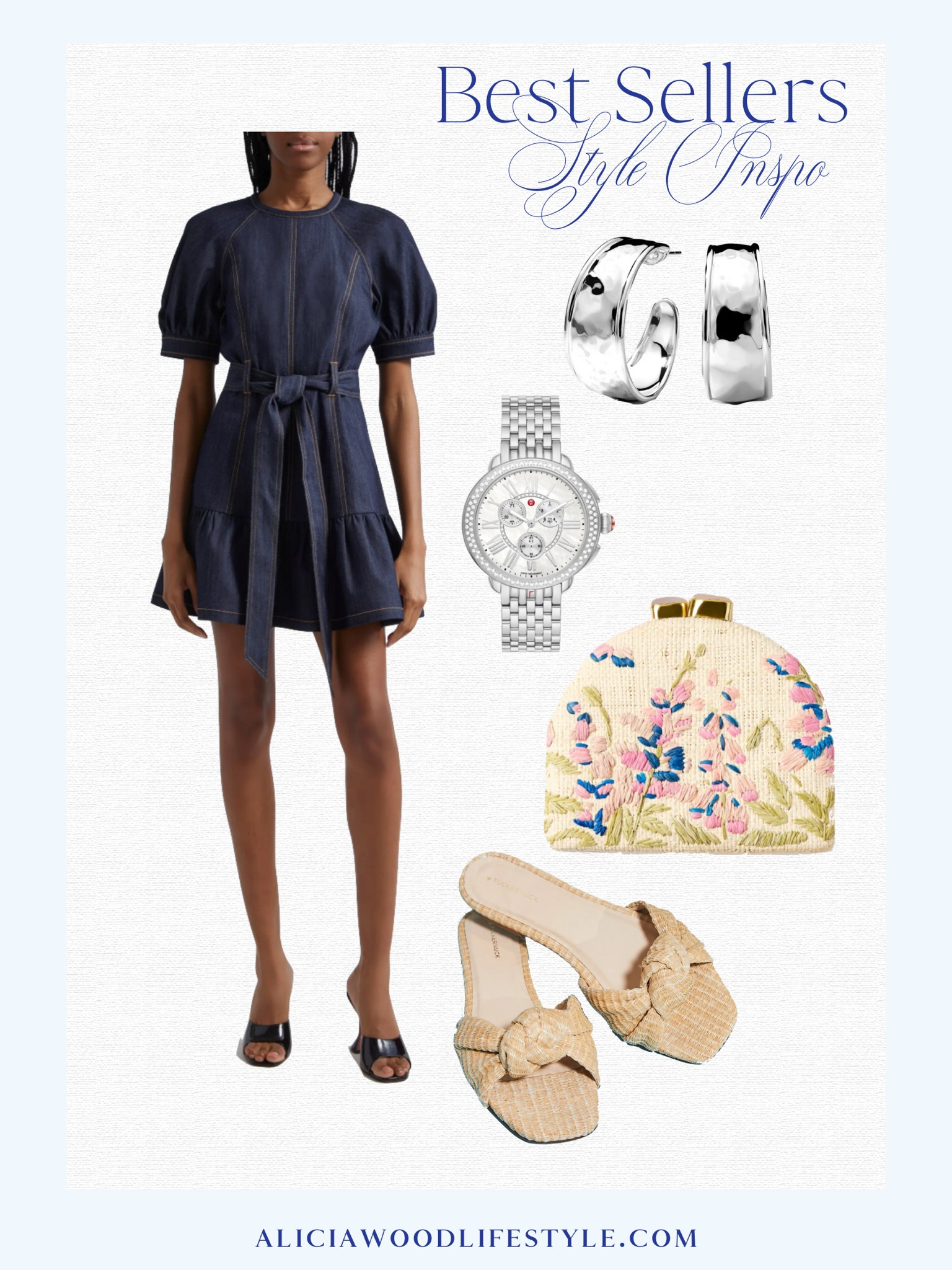 Best seller alert!

Denim mini dress 
Flat knotted sandals 
Embroidered clutch 
Michele sport watch 
Silver hoop earrings 


#LTKOver40 #LTKStyleTip #LTKSeasonal