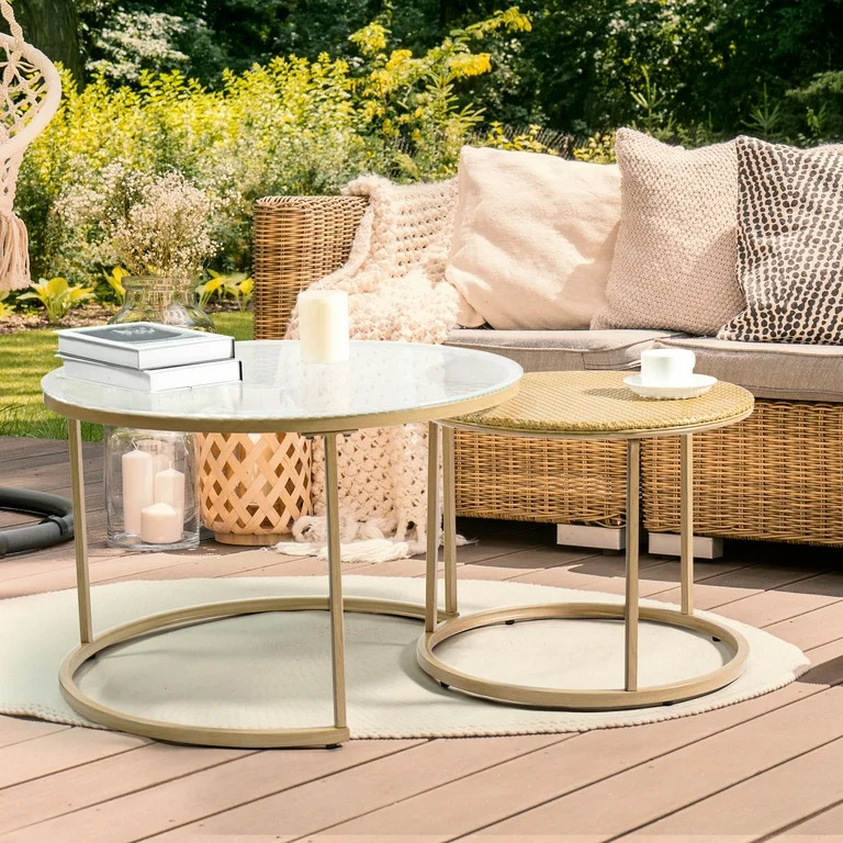 SunsGrove Round Rattan Nesting Coffee Tables Set of 2, Glass End Tables, Accent Tables, Small Cir... | Walmart (US)
