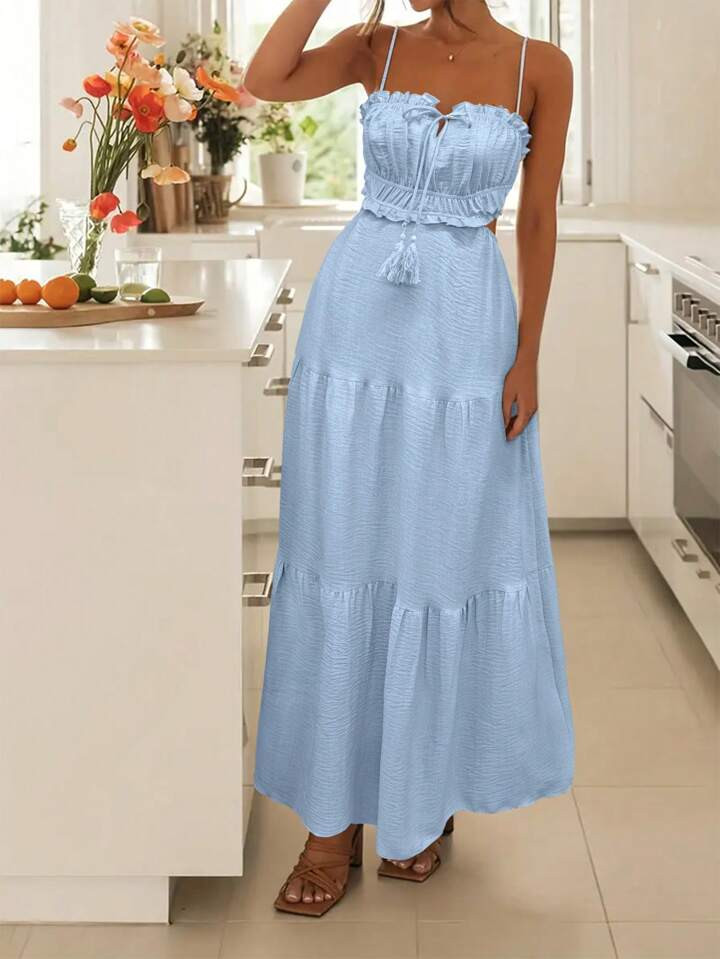 Calvaya Solid Color Spaghetti Strap Ruffle Hem Sleeveless Summer Sundress With Pleated Trim Maxi ... | SHEIN
