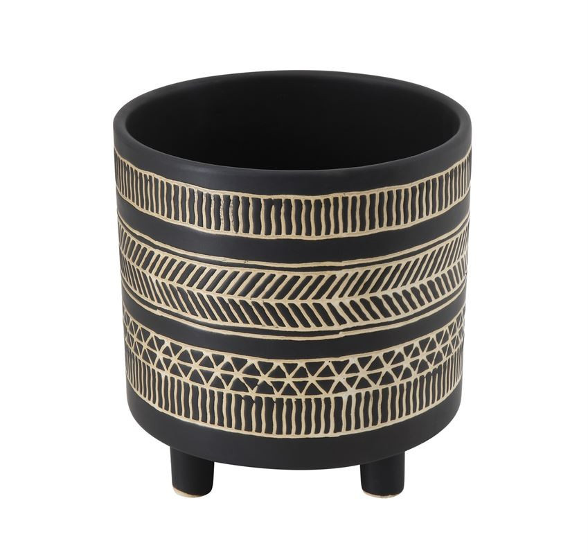 Black Patterned Stoneware Flower Pot | Burke Decor