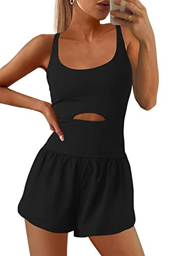 SENSERISE Womens Workout Rompers Athletic Romper Running Onesie One Piece Exercise Jumpsuits Gym Yoga Outfits(Black,S) | Amazon (US)