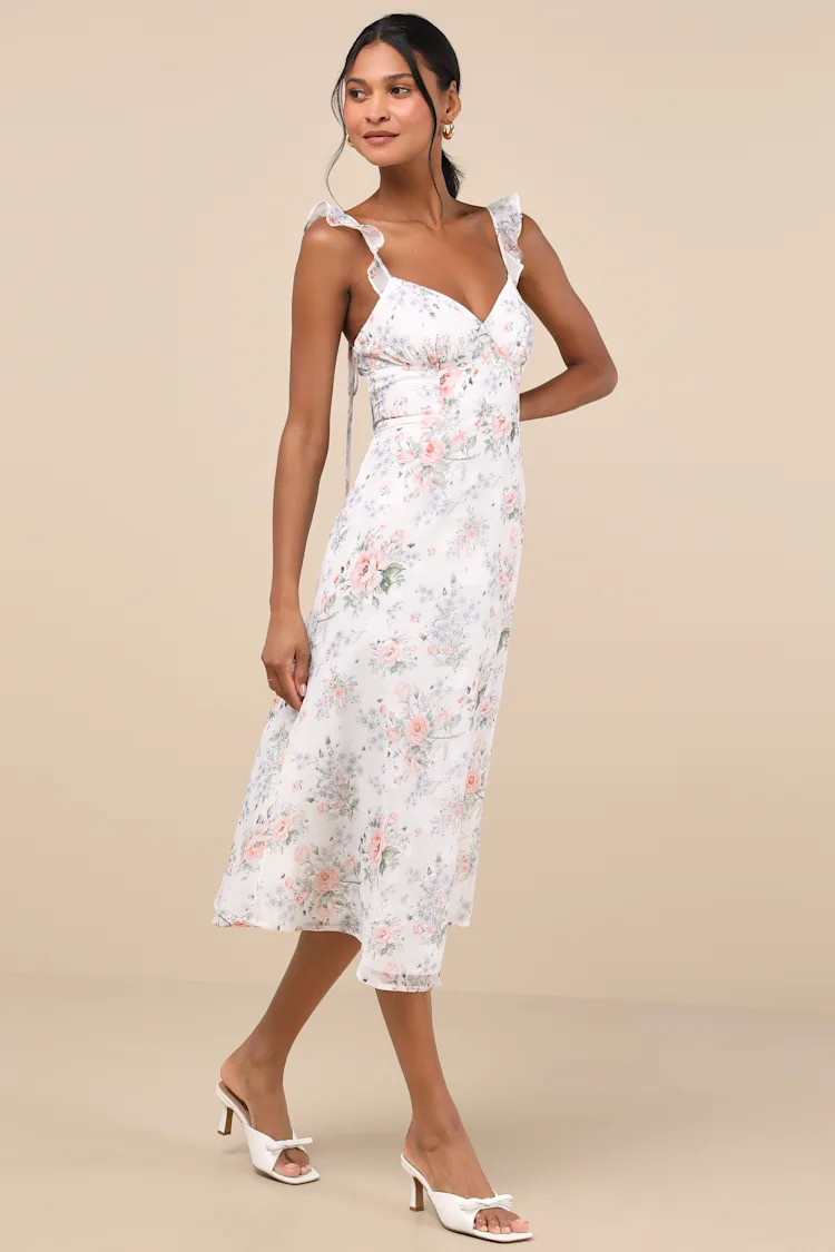 Delightful Direction White Floral Ruffled Tie-Strap Midi Dress | Lulus