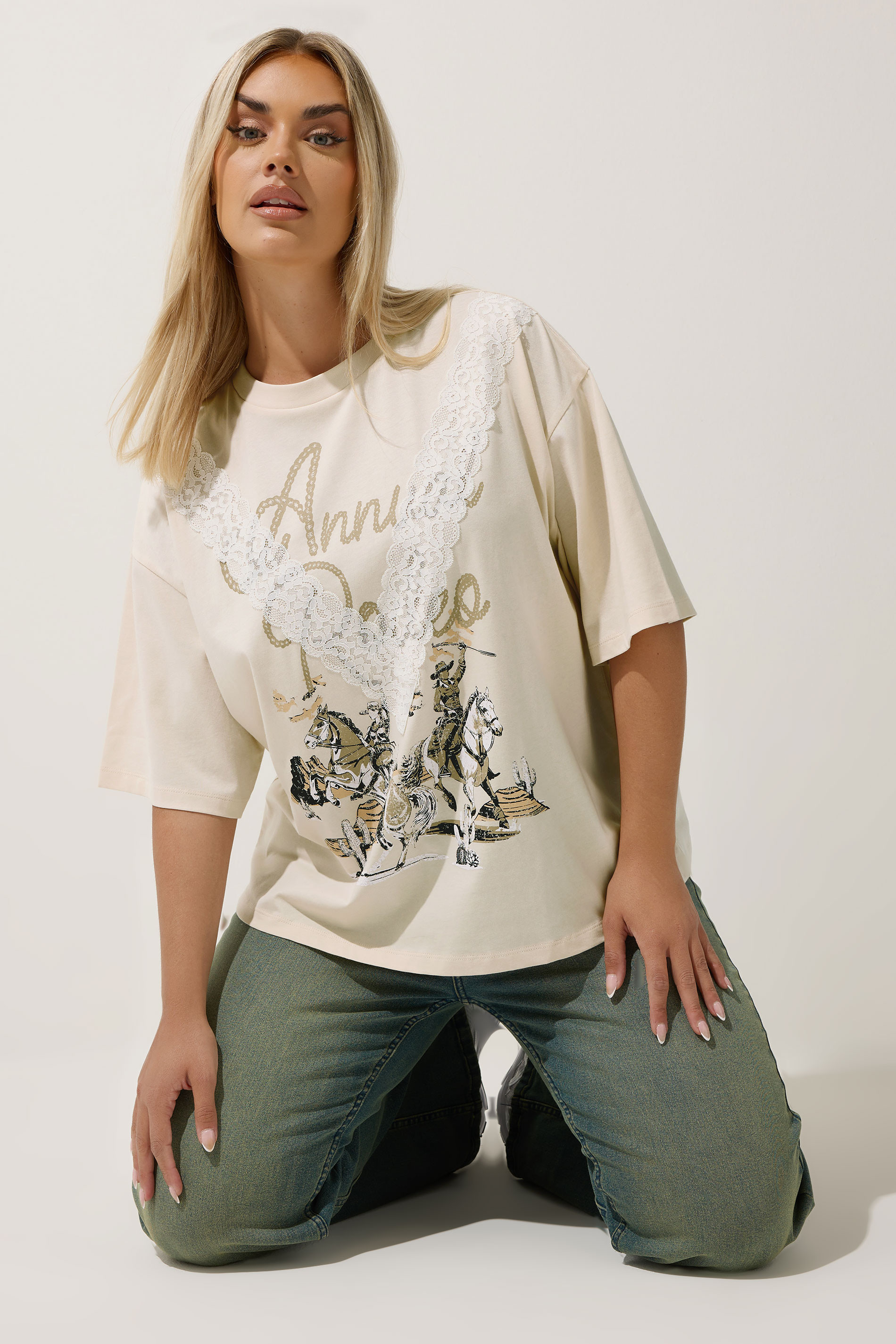 LIMITED COLLECTION Plus Size Cream Graphic Western Lace Detail T-Shirt | Yours Clothing UK