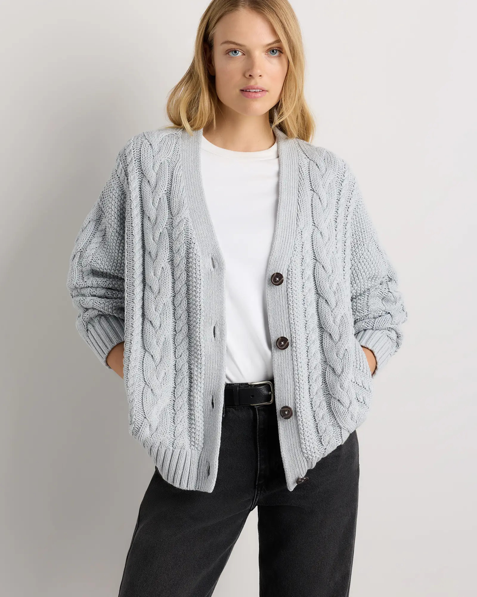 100% Organic Cotton Oversized Cable Cardigan  in Heather Dove Grey | Quince