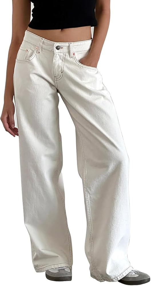 Women Y2K Low Rise Baggy Jeans Loose Fit Boyfriend Straight Wide Leg Denim Pants Streetwear Trous... | Amazon (US)