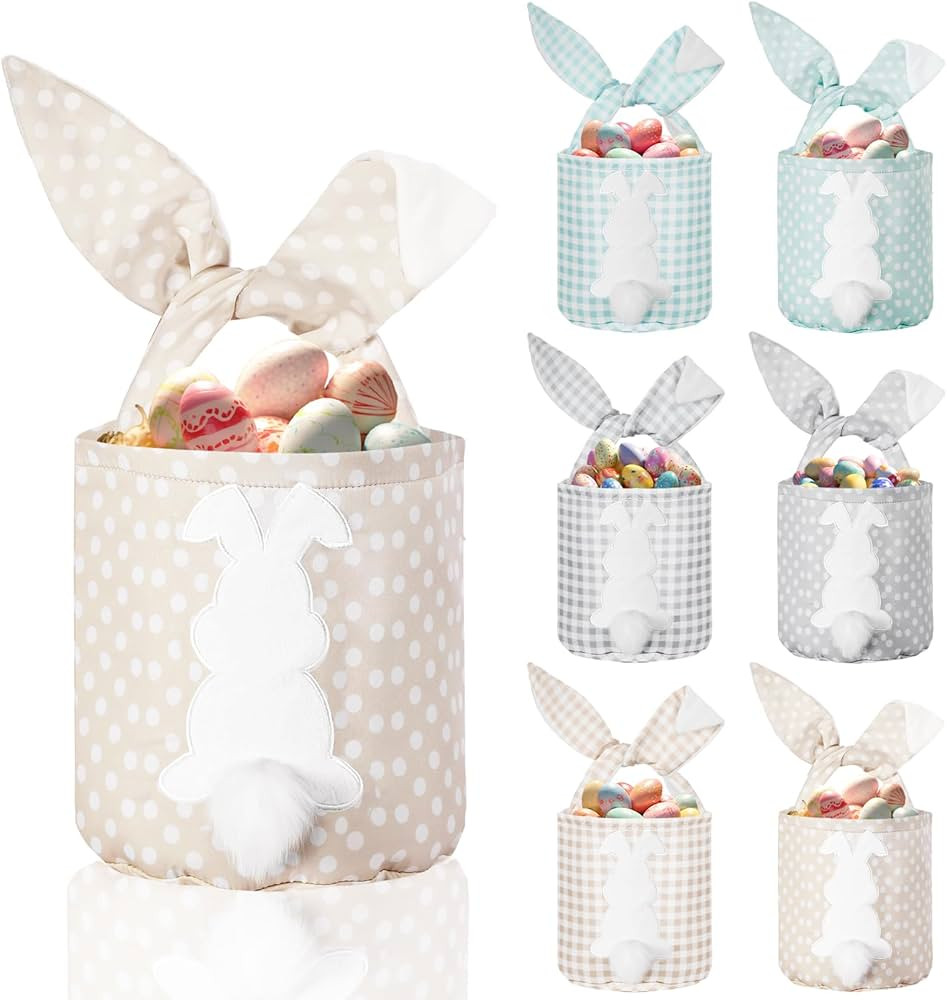 Cosblank 6 Pcs Easter Bunny Basket Bags Canvas Easter Eggs Tote Rabbit Print Bucket with Foldable... | Amazon (US)