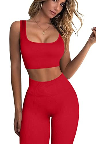 QINSEN Ribbed Workout Outfits for Women 2 Piece Seamless Sport Bra High Waist Yoga Leggings Sets Red M | Amazon (US)