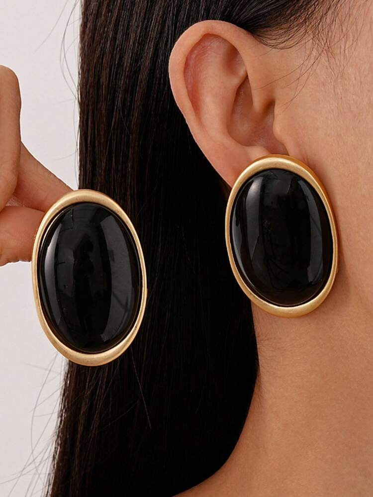 1pair Metallic Ellipse Black Exaggerated Stud Earrings, Elegant Simple Royal Style For Women And ... | SHEIN