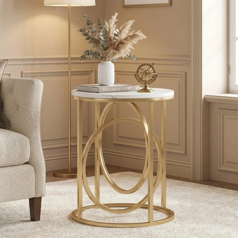 19.7"D X 25.8"H Round End Table Modern Marble Side Table Gold Metal Frame White Accent Table Narr... | Walmart (US)