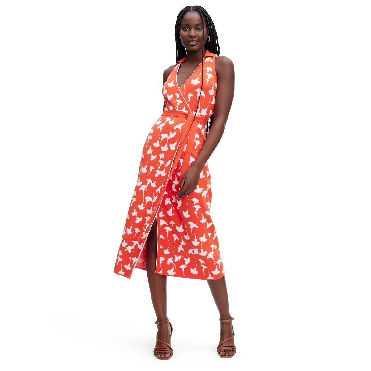 Women's Collared Sleeveless Ginkgo Cherry Tomato Sweaterknit Midi Wrap Dress - DVF for Target L | Target