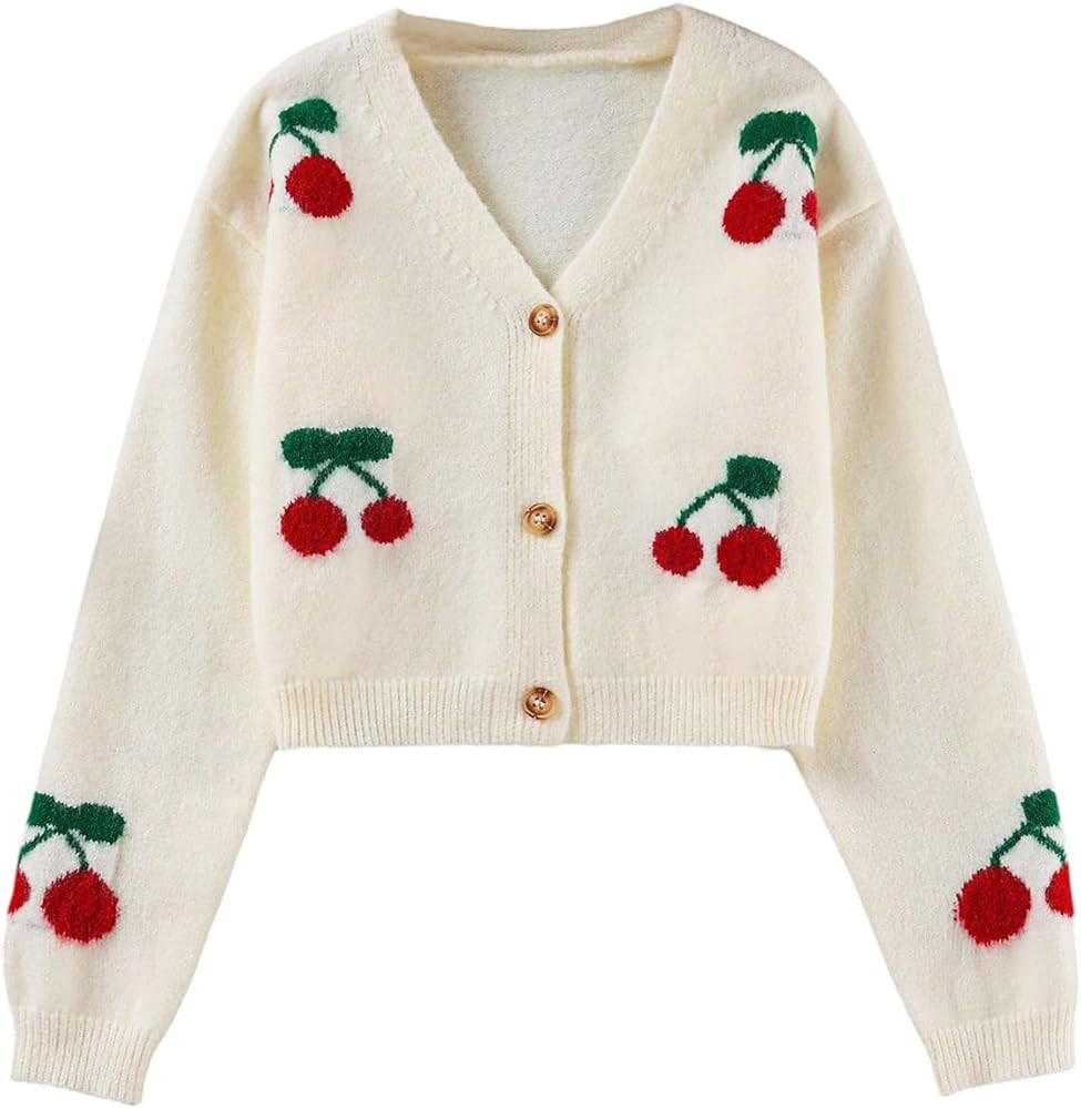 SHENHE Girl's Cherry Cardigan Sweater Button Down Lightweight Soft Knit Fall Crop Cardigan | Amazon (US)