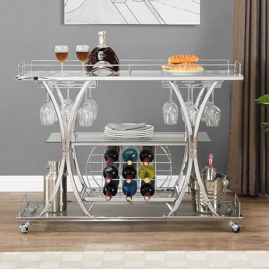 LEFHDA Glass Silver Bar Cart with Wine Rack&Glass Holder, Mobile Kitchen Serving Cart with Wheels... | Amazon (US)