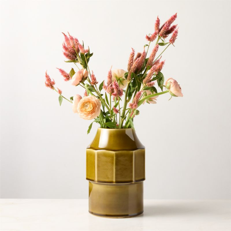 Miramar Paneled Olive Ceramic Vase with Reactive Glaze | CB2 | CB2