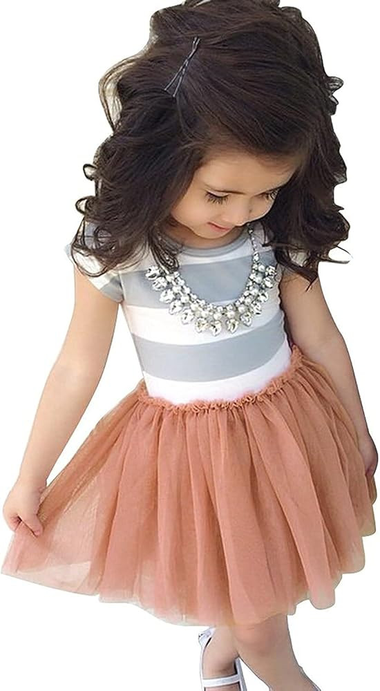 Baby Toddle Girls Tutu Dress Short Sleeves&Sleeveless Stripe Tulle Skirts A-line Dress | Amazon (US)