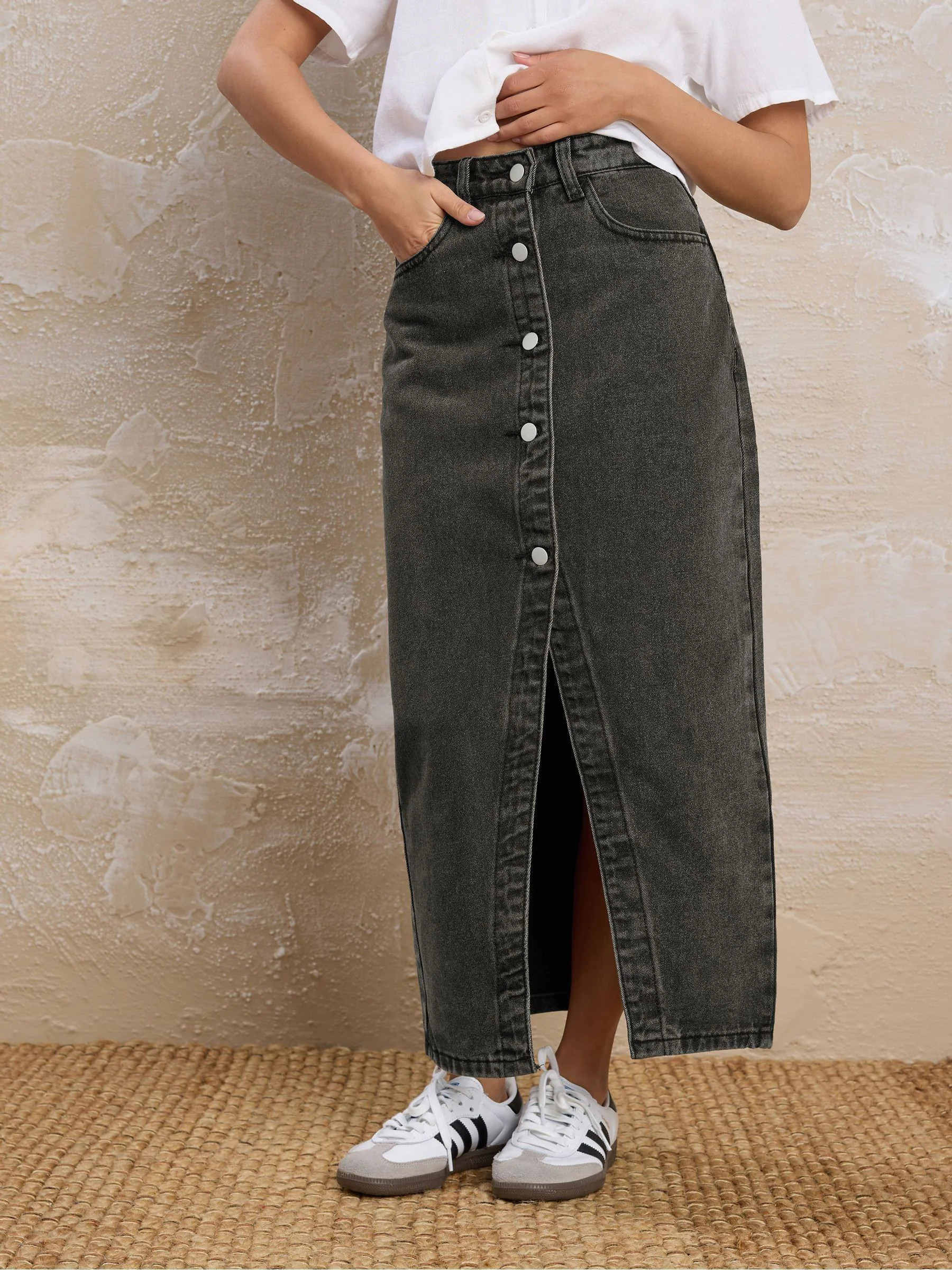 PixieGirl Petite PixieGirl Petite Black Denim Button Midi Skirt | Next US