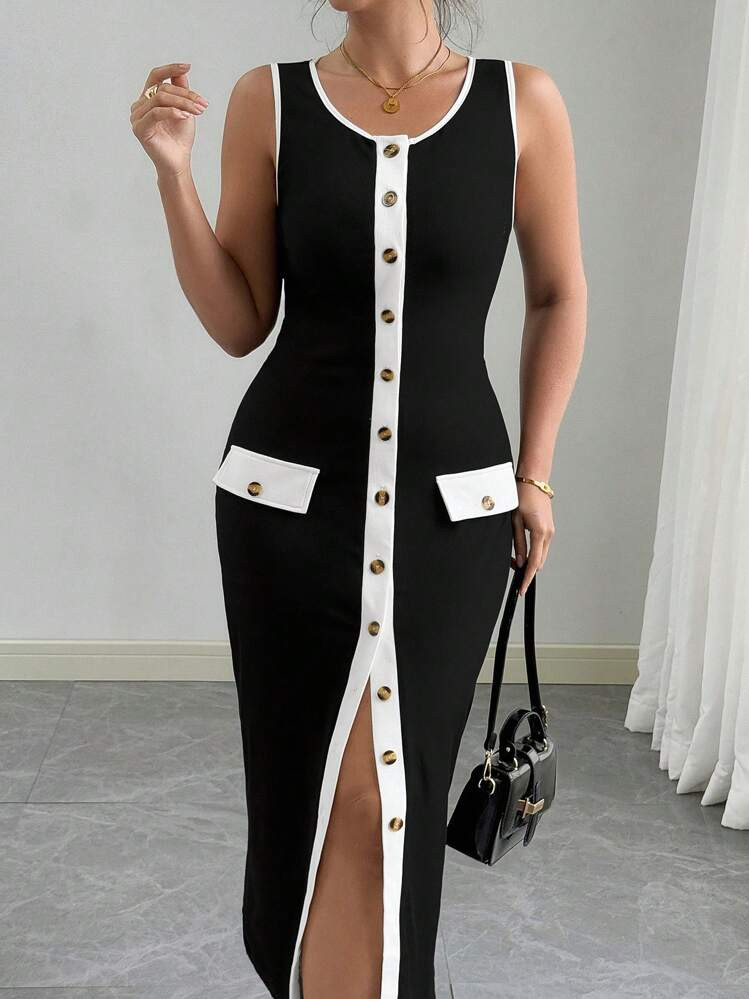 Elenzga Women Plus Size Elegant Color Block Front Button Sleeveless Fitted Dress | SHEIN