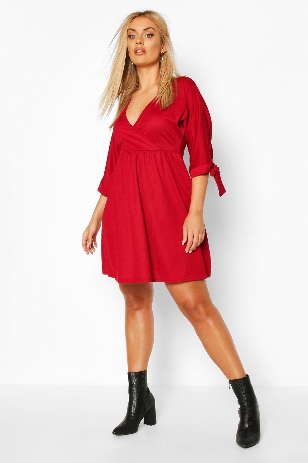 Womens Plus Tie Sleeve Wrap Smock Dress - Red - 20 | Boohoo.com (US & CA)