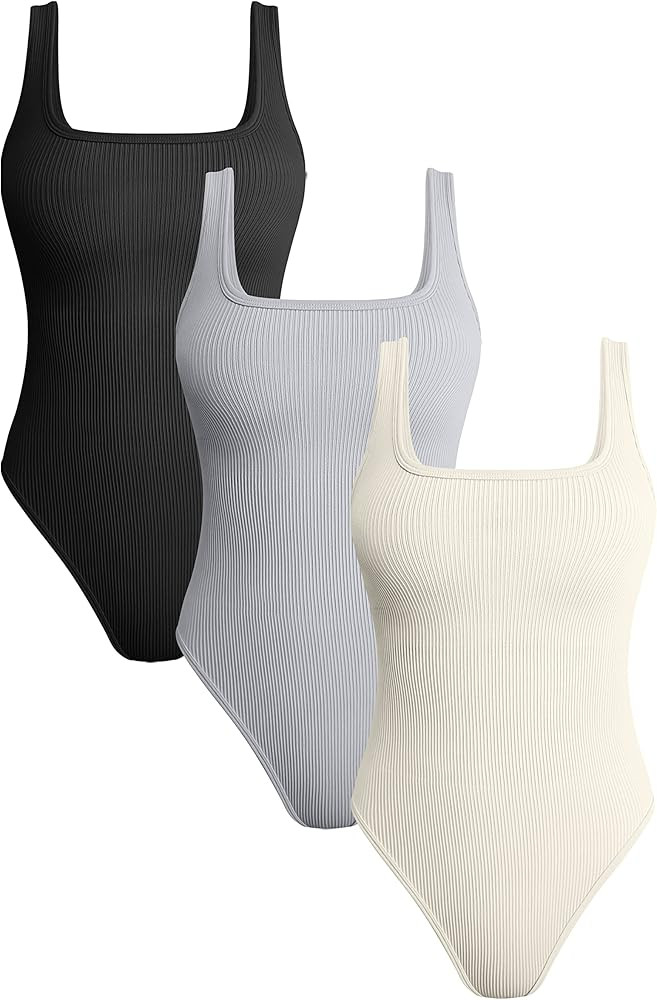 OQQ Women's 3 Piece Bodysuits Ribbed Square Neck Sleeveless Tank Tops Bodysuits | Amazon (US)