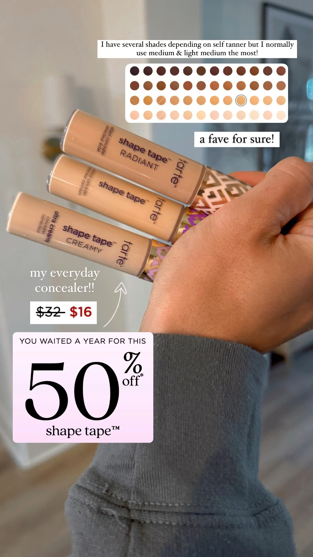Major Tarte deal today 🤎😍✨ 50% off shape tape concealer! Regular, creamy & radiant! Normally $32 but today it’s $16! This is my everyday concealer — depending on self tanner I use a few shades, but most common is medium & light medium! A great time to stock up😍

Beauty / tarte cosmetics / makeup / shape tape / sale / Holley Gabrielle 

#LTKFindsUnder50 #LTKBeauty #LTKSaleAlert