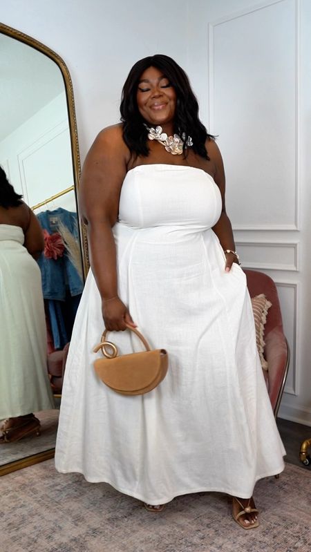 Amazon Summer Dress Find 🤍✨ Linen Strapless Maxi with Pockets ~ dressed up like this or wear with a denim jacket and white tennis shoes. 

Wearing an XXL - strapless bra also linked below. 

Linen Dress, White Linen Dress, White Dresses. summer outfits, vacation outfit 

#LTKStyleTip #LTKPlusSize #LTKFindsUnder100