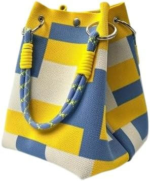 Tote Bag for Women, Mini Knit Bucket Handbag, Travel Knit Tote Stripe/Square, Crochet Purse Birth... | Amazon (US)