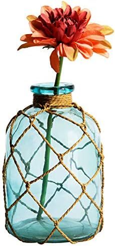 Diamond Star Rustic Glass Bottle Vase Decorative Blue Flower Vase with Creative Rope Net (Small) | Amazon (US)