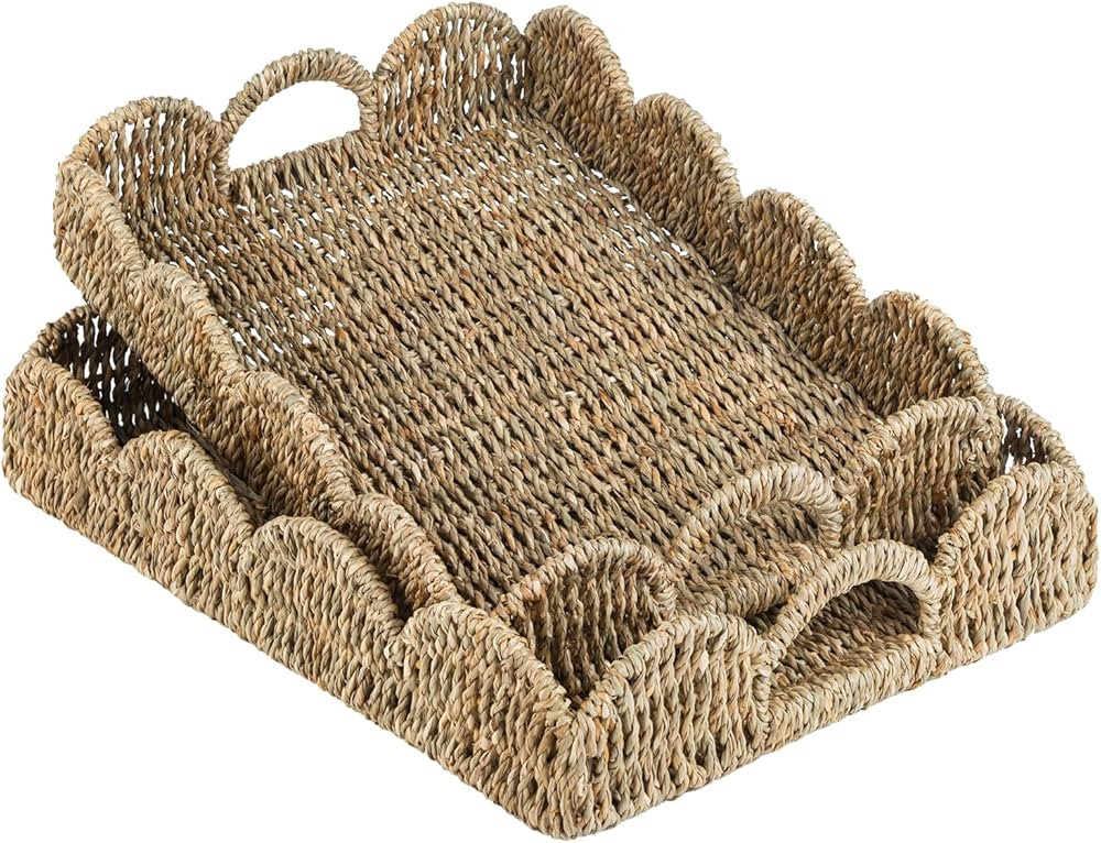 Woven Square Serving Tray, 2-Pack Scalloped Edge Rattan Bed Decor Tray, Basket Table Decor Trays ... | Amazon (US)